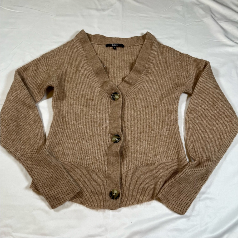 Quince Rib-knit V- Neck cardigan Baby Alpaca Wool Blend Button Front *flaw